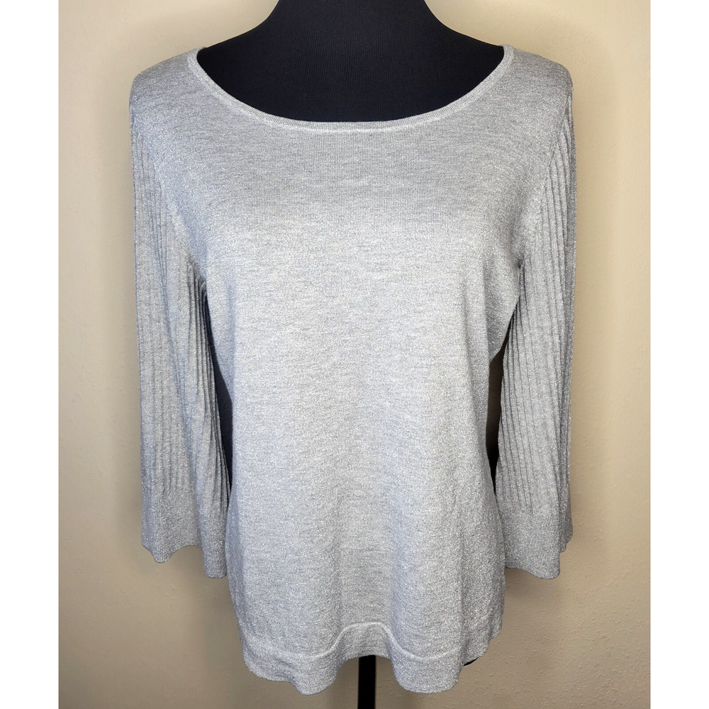 Talbots Women’s M Silver Metallic Dressy Sweater NWT 3/4 Ribbed Bell Sleeve